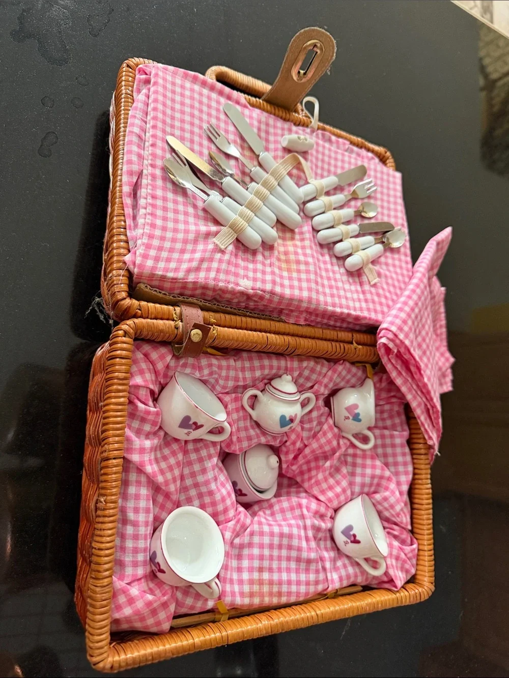 Children's Pink Gingham Picnic Tea Set with Cutlery, Plates, Cups And Linens